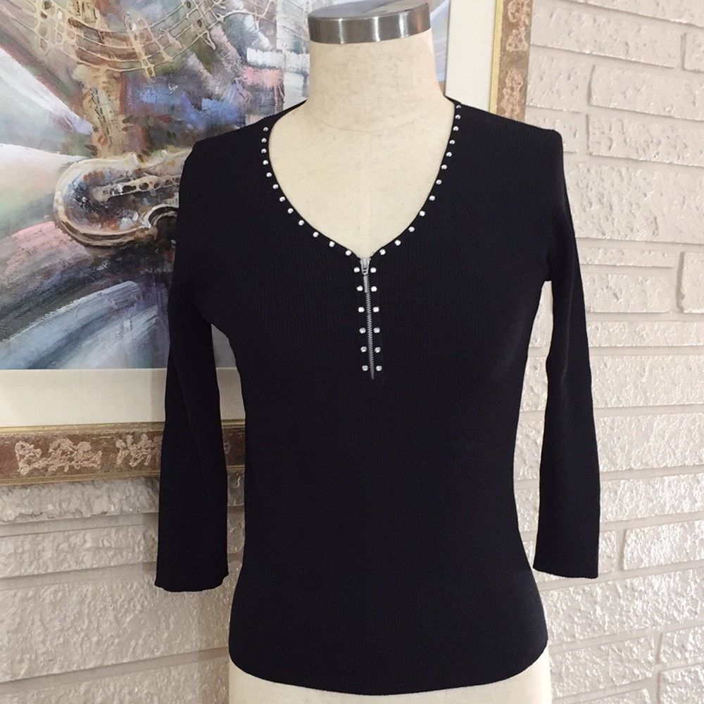 Spense Rhinestone Zipper Neckline Sweater Top